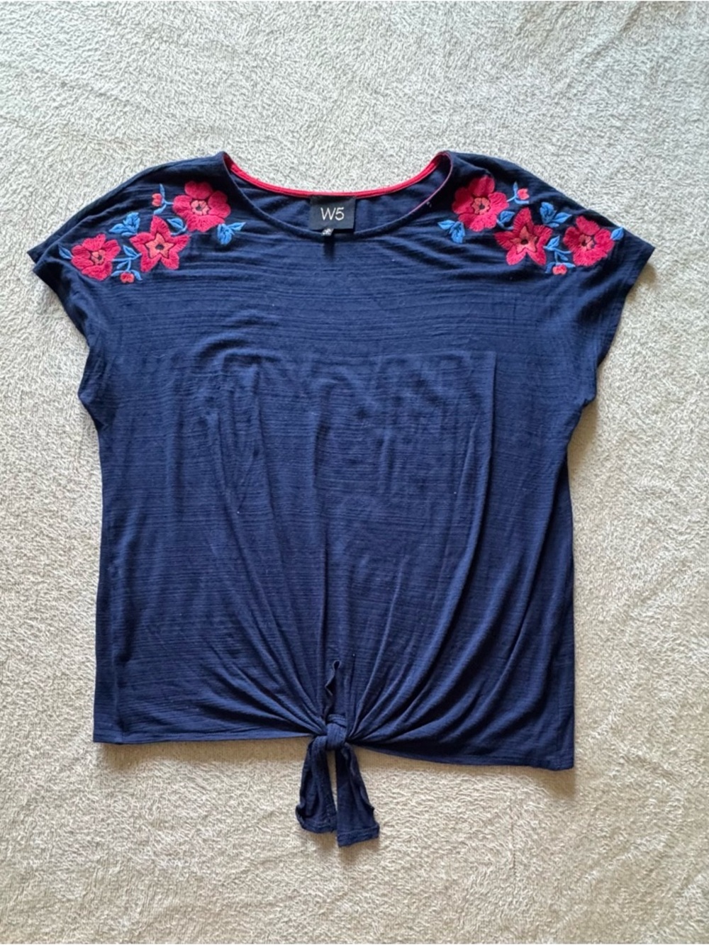 W5 Navy Short Sleeve Tie-Front Top with Pink Floral Embroidery